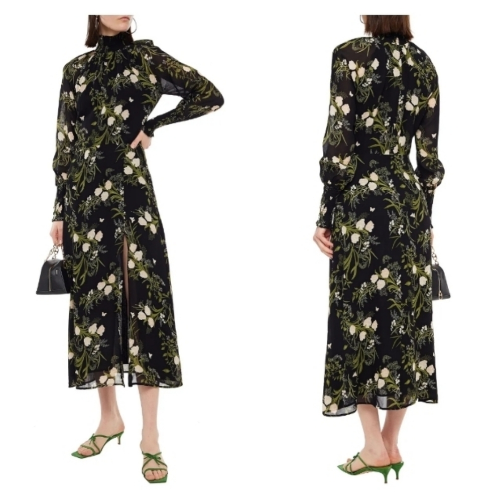 Reformation Valentin Black Floral Side Slit Dress